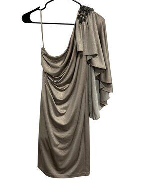 Cache NWT Metallic Taupe One Shoulder Dress Draped Embellished Shoulder Size 6